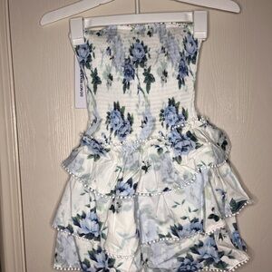 Princess Polly Blue Floral Ribbed Strapless Dress